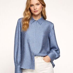 Mango MNG Blue Blouse Size XL Button Front Long Sleeve Collared